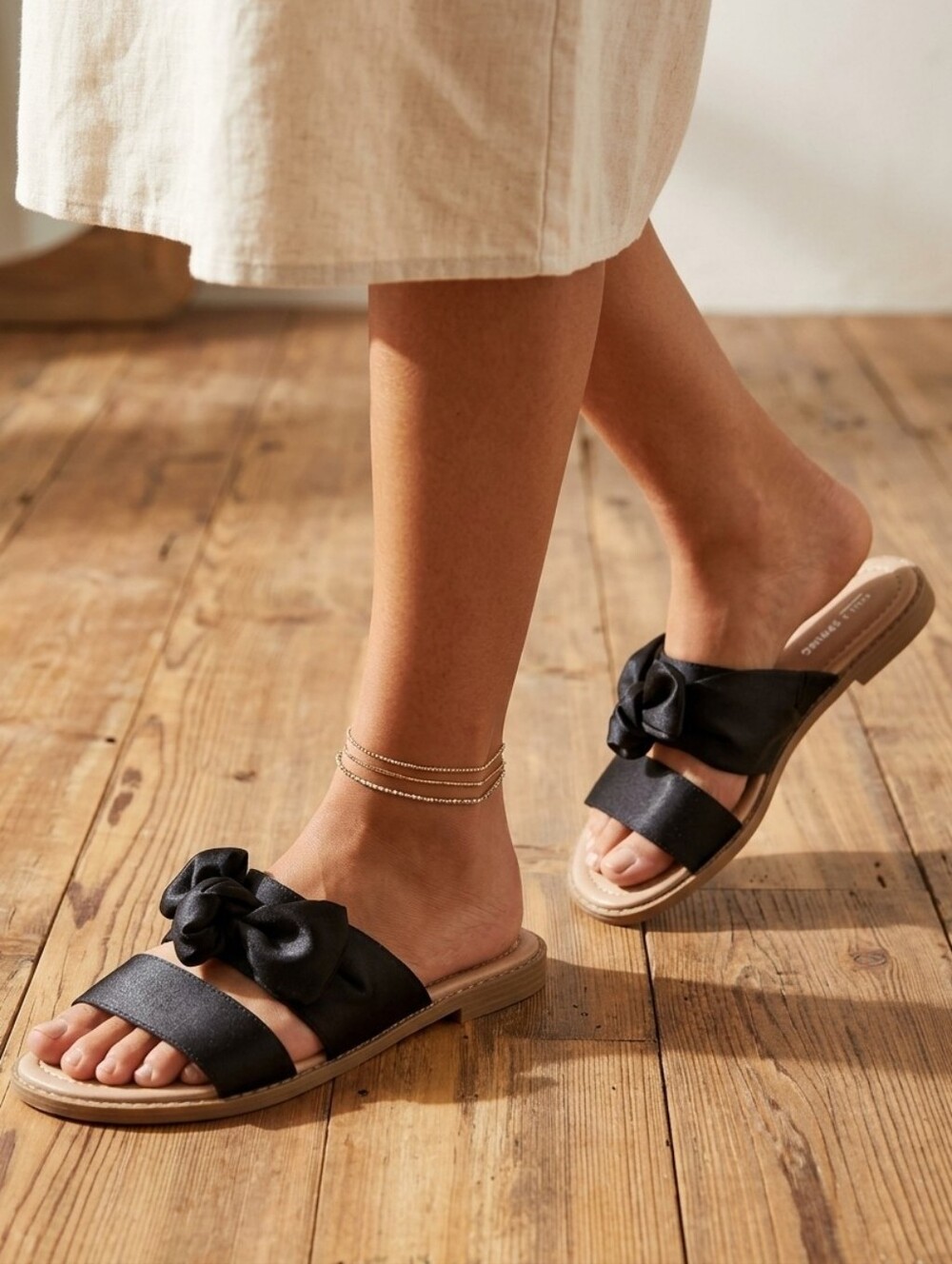 CALL IT SPRING Satin Black Ribbon Slide Sandals, Size 7